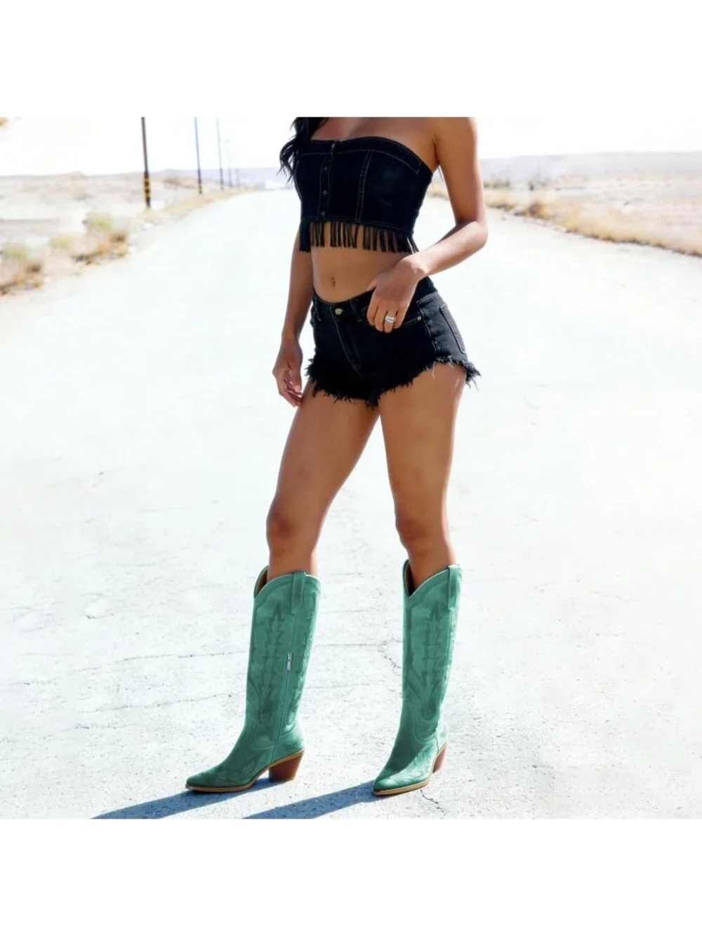 Women's Teal Embroidered Pull On Casual Mid Heel Round Toe Cowgirl Boots - Picture 2 of 7